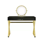 Okak Elegent Vanity Desk with X-Shape Legs and Jewelry Tray, Makeup Vanity with Round Mirror, Dressing Table for Living Room, Bedroom, Black+Gold