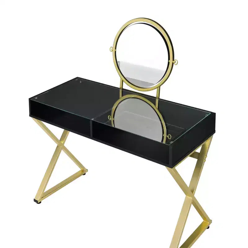 Coiffeuse élégante Okak avec pieds en X et plateau à bijoux, coiffeuse avec miroir rond, table de maquillage pour salon, chambre, noir et or