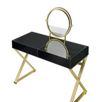 Coiffeuse élégante Okak avec pieds en X et plateau à bijoux, coiffeuse avec miroir rond, table de maquillage pour salon, chambre, noir et or