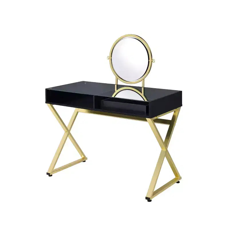 Coiffeuse élégante Okak avec pieds en X et plateau à bijoux, coiffeuse avec miroir rond, table de maquillage pour salon, chambre, noir et or