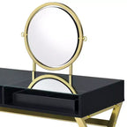 Coiffeuse élégante Okak avec pieds en X et plateau à bijoux, coiffeuse avec miroir rond, table de maquillage pour salon, chambre, noir et or