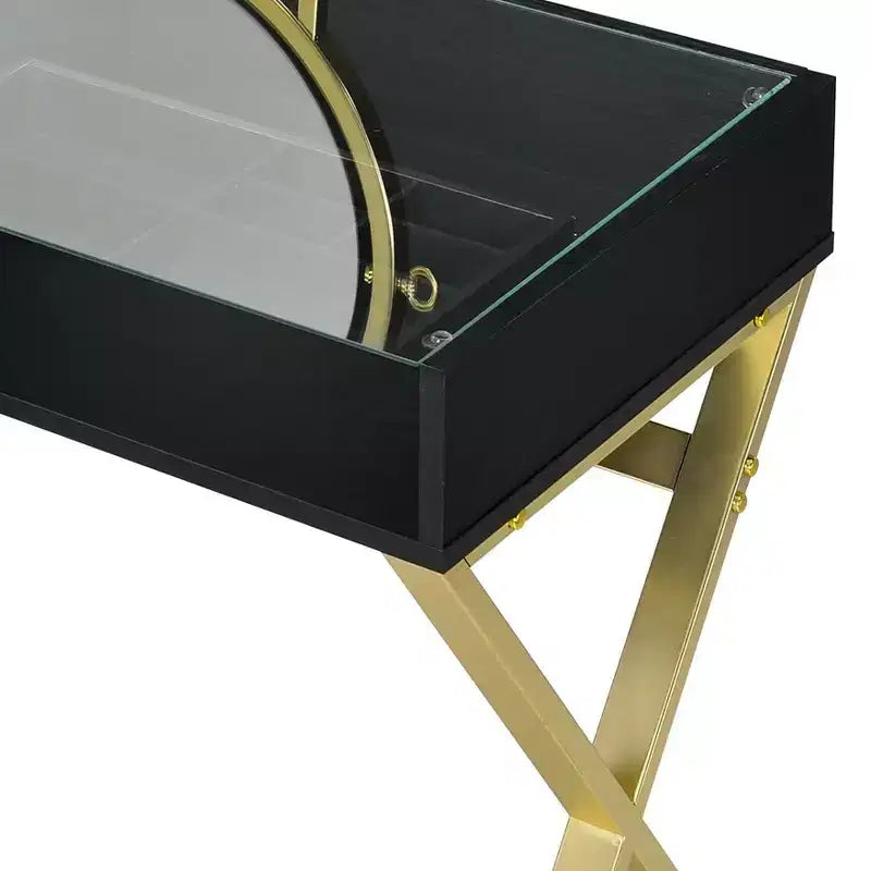 Coiffeuse élégante Okak avec pieds en X et plateau à bijoux, coiffeuse avec miroir rond, table de maquillage pour salon, chambre, noir et or
