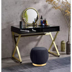 Coiffeuse élégante Okak avec pieds en X et plateau à bijoux, coiffeuse avec miroir rond, table de maquillage pour salon, chambre, noir et or