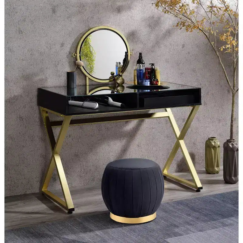 Coiffeuse élégante Okak avec pieds en X et plateau à bijoux, coiffeuse avec miroir rond, table de maquillage pour salon, chambre, noir et or