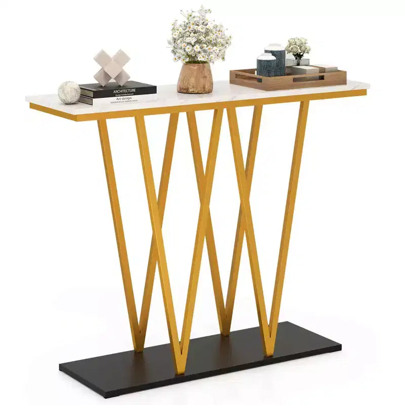 Costway 40 Gold Entryway Table with Faux Marble Table & Metal Frame, Storage Base, White