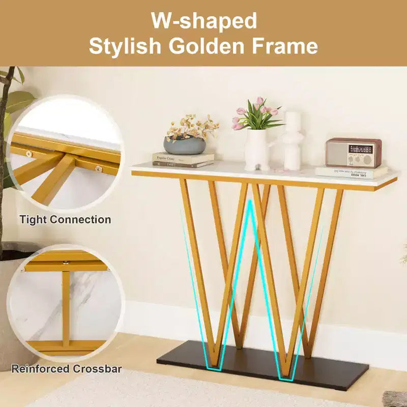 Costway 40 Gold Entryway Table with Faux Marble Table & Metal Frame, Storage Base, White