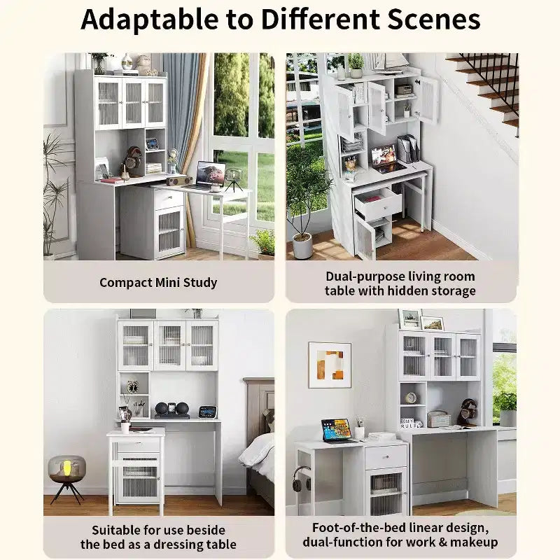 Bureau d'ordinateur TUYOHW, bureau d'écriture avec plateau rotatif à 90°, armoires à portes vitrées, bureau d'étude avec surmeuble et étagère, bureau de travail pour le bureau, l'étude