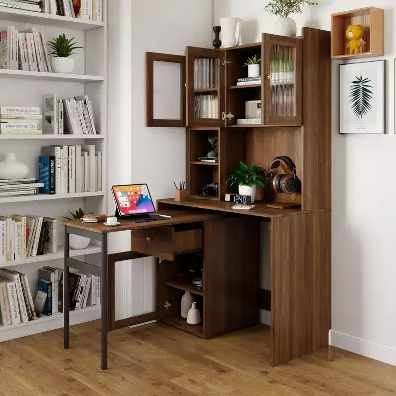 Bureau d'ordinateur TUYOHW, bureau d'écriture avec plateau rotatif à 90°, armoires à portes vitrées, bureau d'étude avec surmeuble et étagère, bureau de travail pour le bureau, l'étude