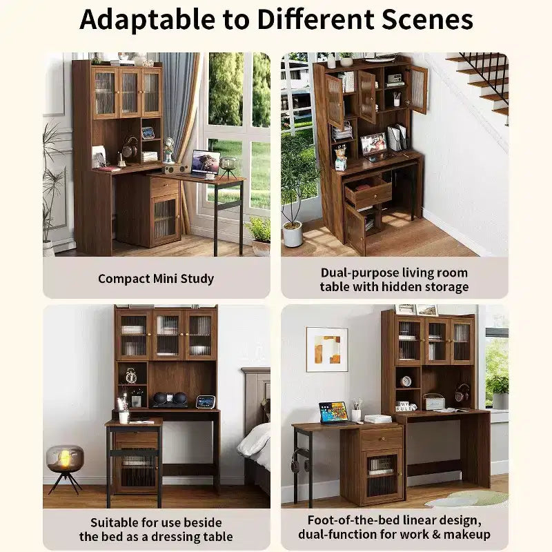 Bureau d'ordinateur TUYOHW, bureau d'écriture avec plateau rotatif à 90°, armoires à portes vitrées, bureau d'étude avec surmeuble et étagère, bureau de travail pour le bureau, l'étude