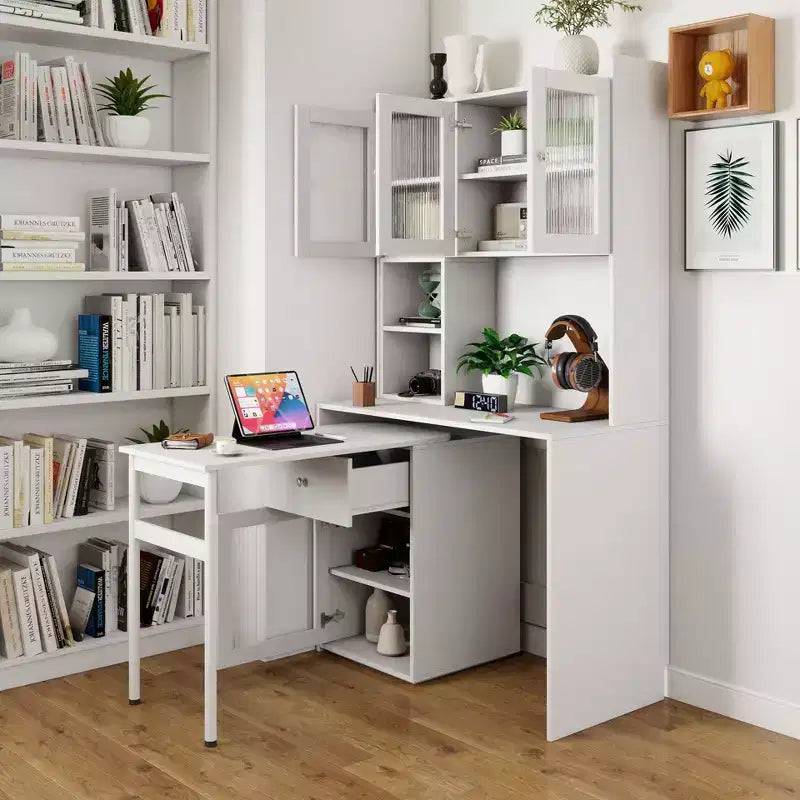 Bureau d'ordinateur TUYOHW, bureau d'écriture avec plateau rotatif à 90°, armoires à portes vitrées, bureau d'étude avec surmeuble et étagère, bureau de travail pour le bureau, l'étude