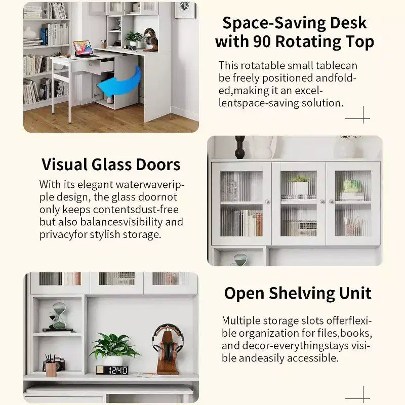 Bureau d'ordinateur TUYOHW, bureau d'écriture avec plateau rotatif à 90°, armoires à portes vitrées, bureau d'étude avec surmeuble et étagère, bureau de travail pour le bureau, l'étude