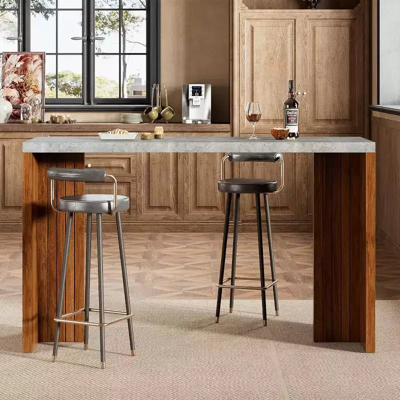Table de bar 55", Table de bistrot hauteur comptoir industrielle avec plateau en faux marbre, Meuble de bar rectangulaire pour cuisine, salle à manger, capacité de 300 lb