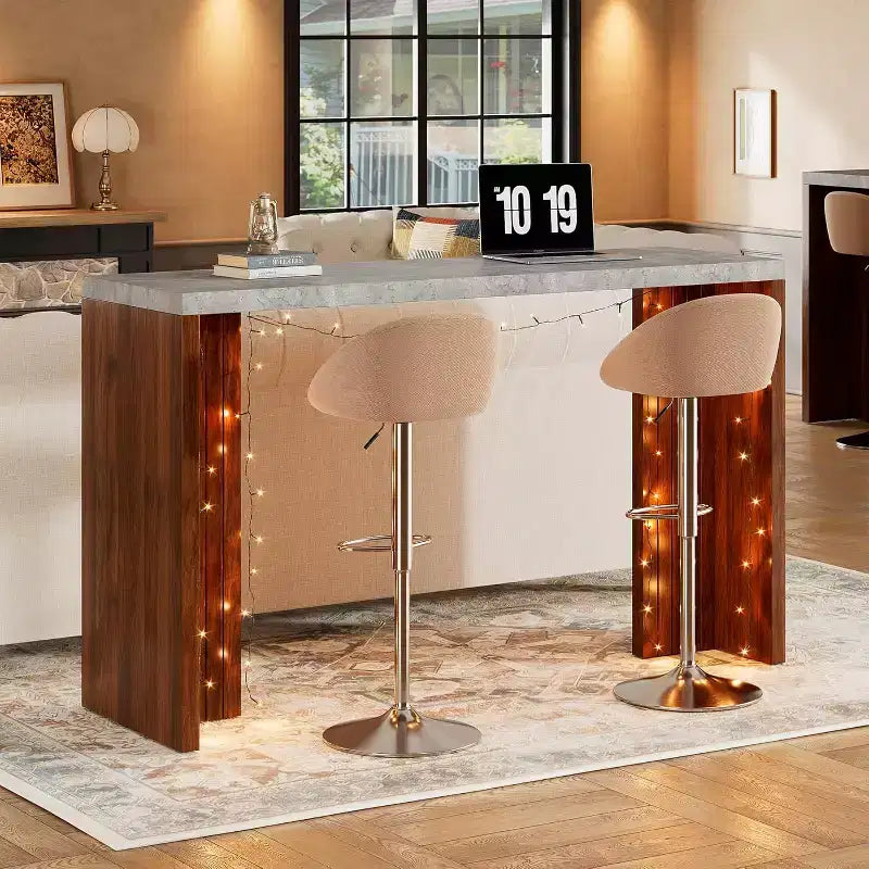 Table de bar 55", Table de bistrot hauteur comptoir industrielle avec plateau en faux marbre, Meuble de bar rectangulaire pour cuisine, salle à manger, capacité de 300 lb