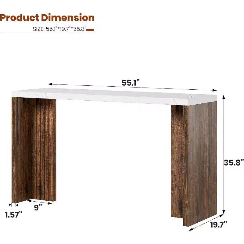 Table de bar 55", Table de bistrot hauteur comptoir industrielle avec plateau en faux marbre, Meuble de bar rectangulaire pour cuisine, salle à manger, capacité de 300 lb