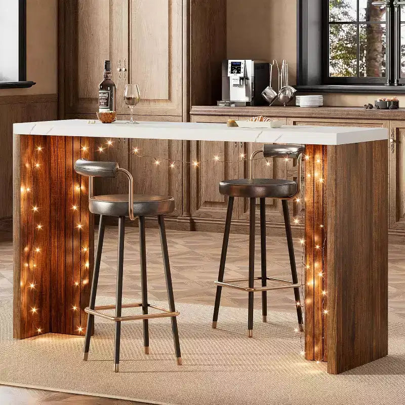 Table de bar 55", Table de bistrot hauteur comptoir industrielle avec plateau en faux marbre, Meuble de bar rectangulaire pour cuisine, salle à manger, capacité de 300 lb