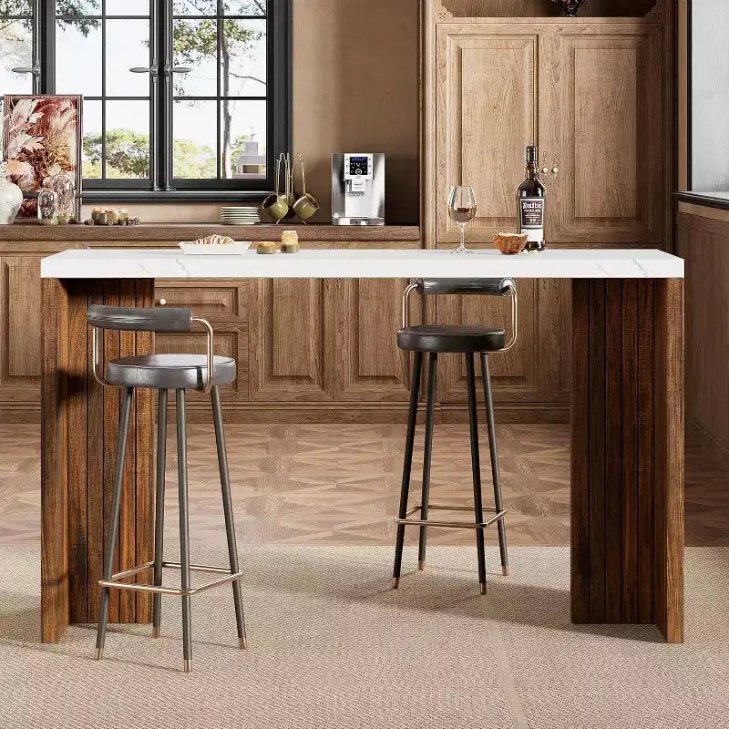 Table de bar 55", Table de bistrot hauteur comptoir industrielle avec plateau en faux marbre, Meuble de bar rectangulaire pour cuisine, salle à manger, capacité de 300 lb