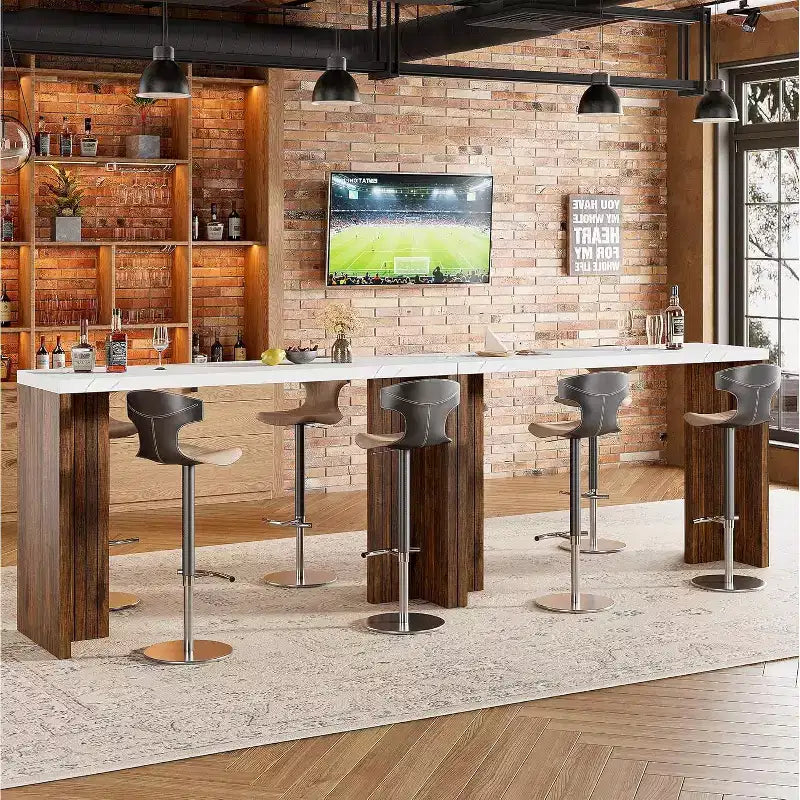 Table de bar 55", Table de bistrot hauteur comptoir industrielle avec plateau en faux marbre, Meuble de bar rectangulaire pour cuisine, salle à manger, capacité de 300 lb