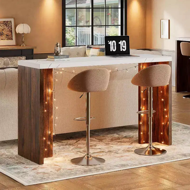 Table de bar 55", Table de bistrot hauteur comptoir industrielle avec plateau en faux marbre, Meuble de bar rectangulaire pour cuisine, salle à manger, capacité de 300 lb