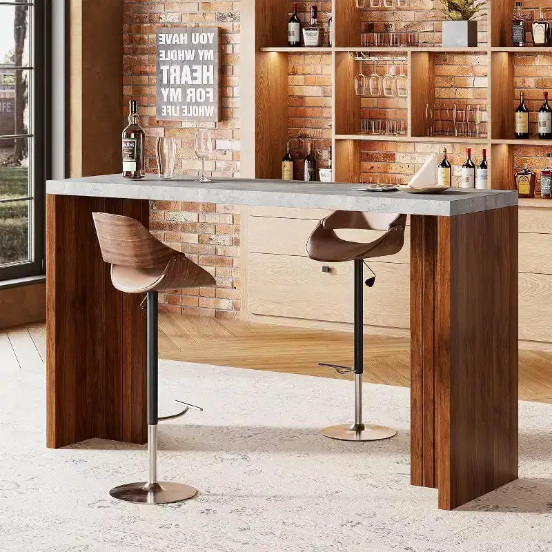 Table de bar 55", Table de bistrot hauteur comptoir industrielle avec plateau en faux marbre, Meuble de bar rectangulaire pour cuisine, salle à manger, capacité de 300 lb