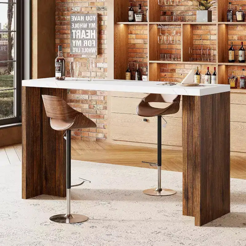 Table de bar 55", Table de bistrot hauteur comptoir industrielle avec plateau en faux marbre, Meuble de bar rectangulaire pour cuisine, salle à manger, capacité de 300 lb