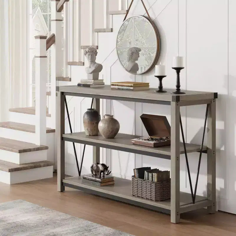 GustoWave 47 Narrow Long Console Table with Storage, 3 Tier Wood Console Table, Farmhouse Entryway Table