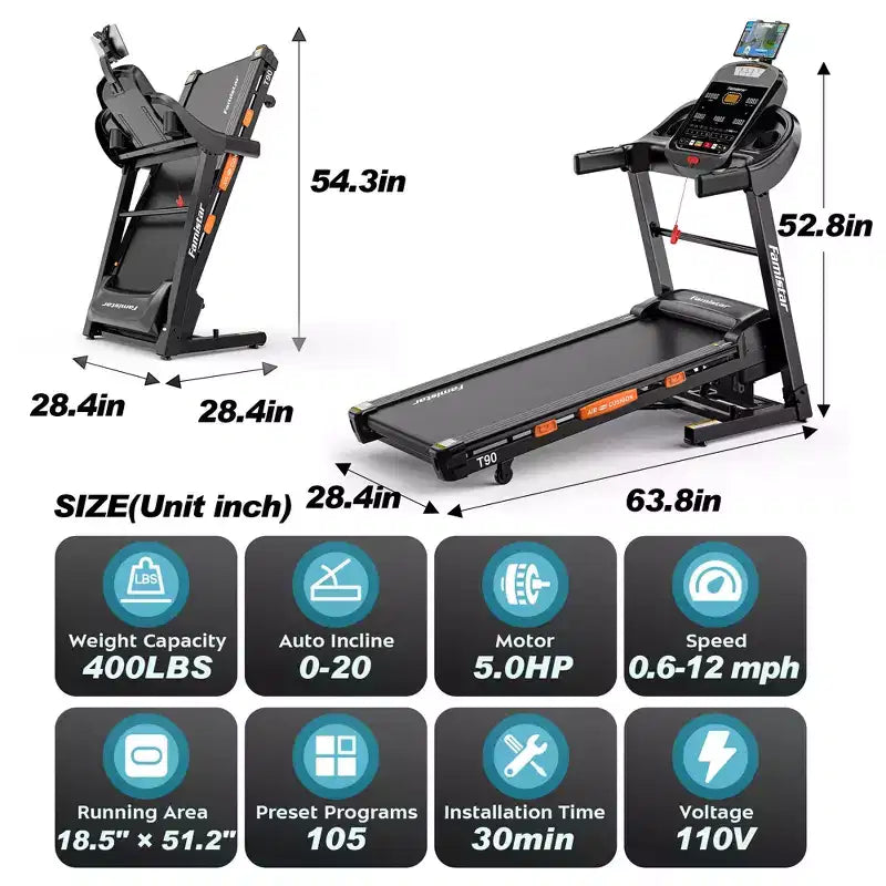 Tapis Roulant Pliable de 400 LB, 5 CV avec Inclinaison Automatique de 20%, Tapis de Course Portable 12 MPH pour la Maison, Entraînements Amusants avec APP, 105 Programmes, Absorption des Chocs