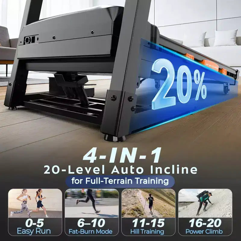 Tapis Roulant Pliable de 400 LB, 5 CV avec Inclinaison Automatique de 20%, Tapis de Course Portable 12 MPH pour la Maison, Entraînements Amusants avec APP, 105 Programmes, Absorption des Chocs