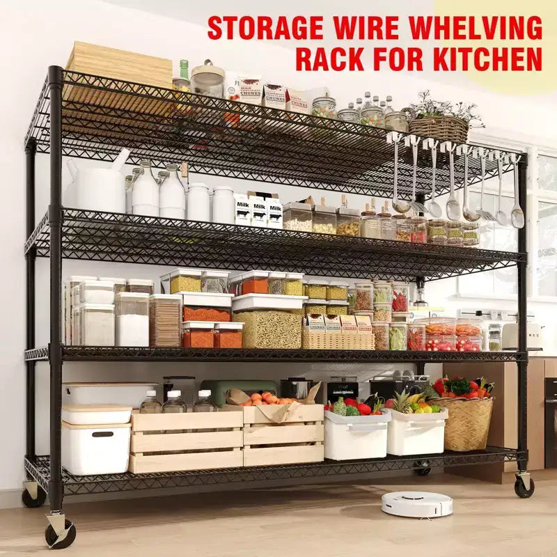 74H Heavy Duty Metal Shelving Unit, 4-Tier Industrial Wire Rack with Wheels, Adjustable Garage Storage