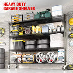 74H Heavy Duty Metal Shelving Unit, 4-Tier Industrial Wire Rack with Wheels, Adjustable Garage Storage