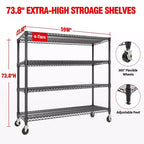 74H Heavy Duty Metal Shelving Unit, 4-Tier Industrial Wire Rack with Wheels, Adjustable Garage Storage