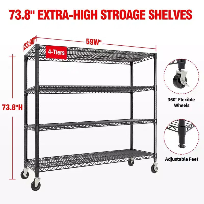 74H Heavy Duty Metal Shelving Unit, 4-Tier Industrial Wire Rack with Wheels, Adjustable Garage Storage