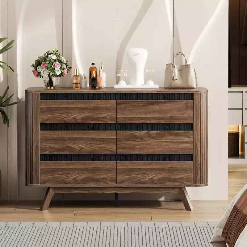 Commode double moderne en bois à 6 tiroirs, design volet roulant incurvé, grand meuble de rangement, commode de chambre à coucher, organisateur de salon