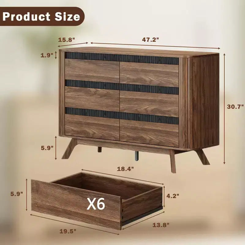 Commode double moderne en bois à 6 tiroirs, design volet roulant incurvé, grand meuble de rangement, commode de chambre à coucher, organisateur de salon