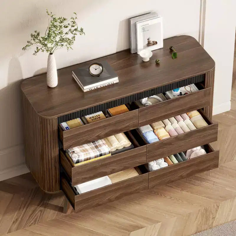 Commode double moderne en bois à 6 tiroirs, design volet roulant incurvé, grand meuble de rangement, commode de chambre à coucher, organisateur de salon