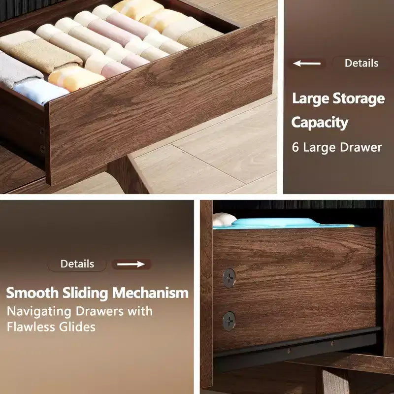 Commode double moderne en bois à 6 tiroirs, design volet roulant incurvé, grand meuble de rangement, commode de chambre à coucher, organisateur de salon