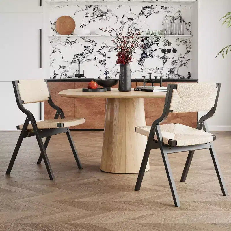 Lot de 2 chaises de salle à manger en bois Okak, chaises pliantes avec assise tressée et dossier en sangle, chaises de salle à manger empilables pour salle à manger
