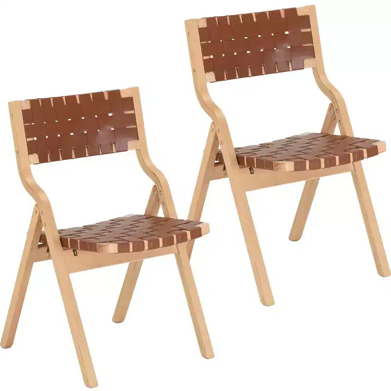 Lot de 2 chaises de salle à manger en bois Okak, chaises pliantes avec assise tressée et dossier en sangle, chaises de salle à manger empilables pour salle à manger