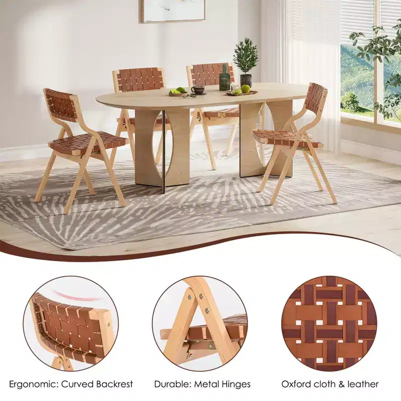 Lot de 2 chaises de salle à manger en bois Okak, chaises pliantes avec assise tressée et dossier en sangle, chaises de salle à manger empilables pour salle à manger