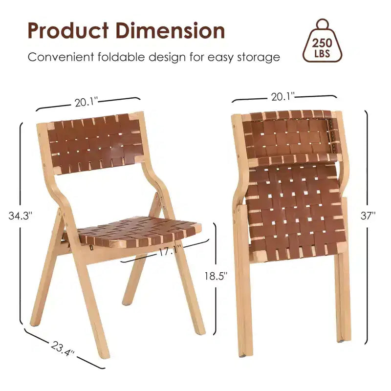 Lot de 2 chaises de salle à manger en bois Okak, chaises pliantes avec assise tressée et dossier en sangle, chaises de salle à manger empilables pour salle à manger