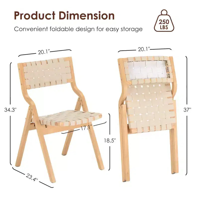 Lot de 2 chaises de salle à manger en bois Okak, chaises pliantes avec assise tressée et dossier en sangle, chaises de salle à manger empilables pour salle à manger