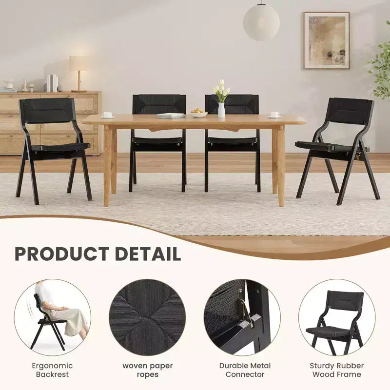 Lot de 2 chaises de salle à manger en bois Okak, chaises pliantes avec assise tressée et dossier en sangle, chaises de salle à manger empilables pour salle à manger