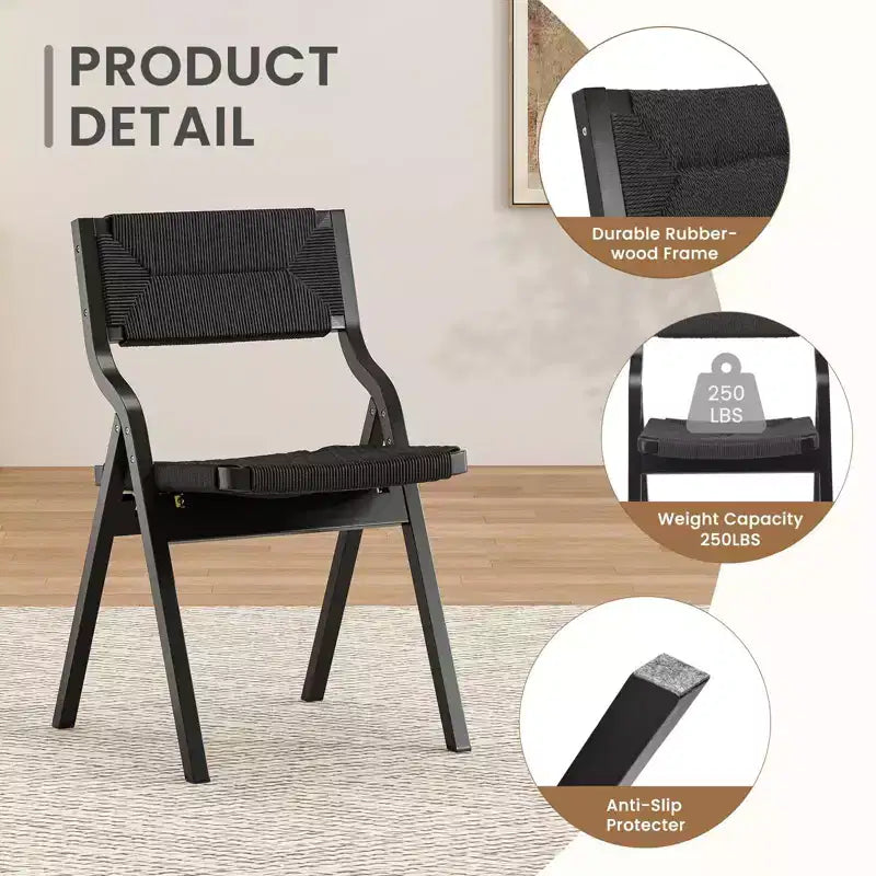 Lot de 2 chaises de salle à manger en bois Okak, chaises pliantes avec assise tressée et dossier en sangle, chaises de salle à manger empilables pour salle à manger