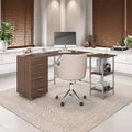 TUYOHW L-Shaped Office Desk,Two Tone Computer Desk with Storage,Walnut Wood Grain Top,Steel Frame,3 Drawers,Adjustable Shelf,Writing Desk for Office