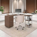 TUYOHW L-Shaped Office Desk,Two Tone Computer Desk with Storage,Walnut Wood Grain Top,Steel Frame,3 Drawers,Adjustable Shelf,Writing Desk for Office