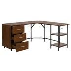Bureau d'angle TUYOHW, bureau informatique bicolore avec rangement, plateau en noyer, cadre en acier, 3 tiroirs, étagère réglable, bureau d'écriture pour le bureau