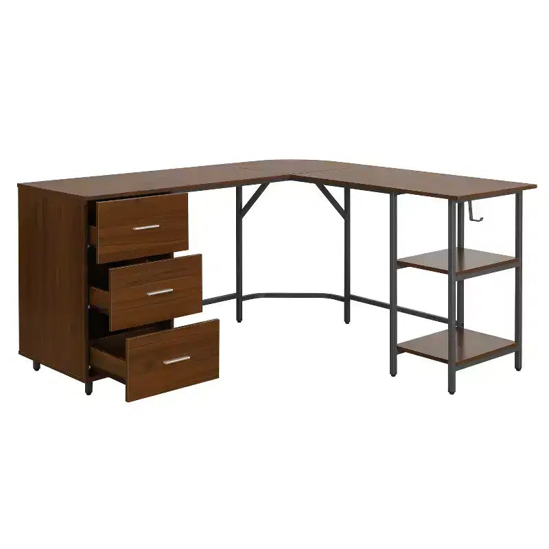 Bureau d'angle TUYOHW, bureau informatique bicolore avec rangement, plateau en noyer, cadre en acier, 3 tiroirs, étagère réglable, bureau d'écriture pour le bureau