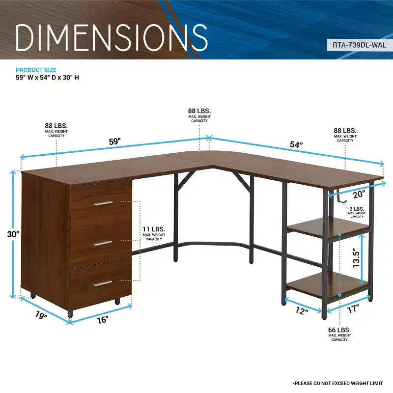 Bureau d'angle TUYOHW, bureau informatique bicolore avec rangement, plateau en noyer, cadre en acier, 3 tiroirs, étagère réglable, bureau d'écriture pour le bureau