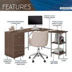 Bureau d'angle TUYOHW, bureau informatique bicolore avec rangement, plateau en noyer, cadre en acier, 3 tiroirs, étagère réglable, bureau d'écriture pour le bureau