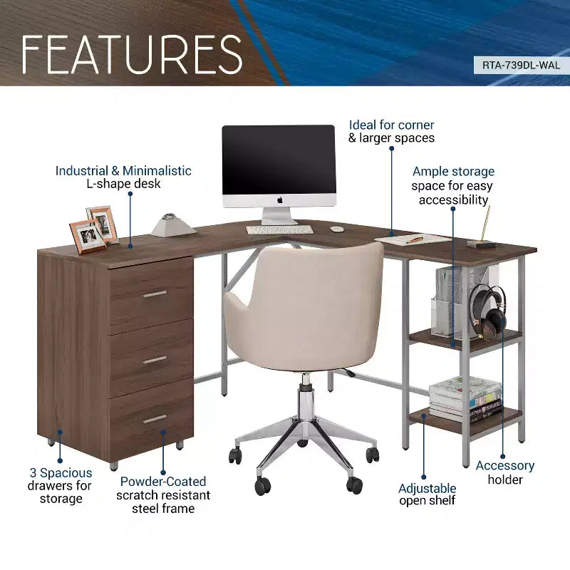 Bureau d'angle TUYOHW, bureau informatique bicolore avec rangement, plateau en noyer, cadre en acier, 3 tiroirs, étagère réglable, bureau d'écriture pour le bureau