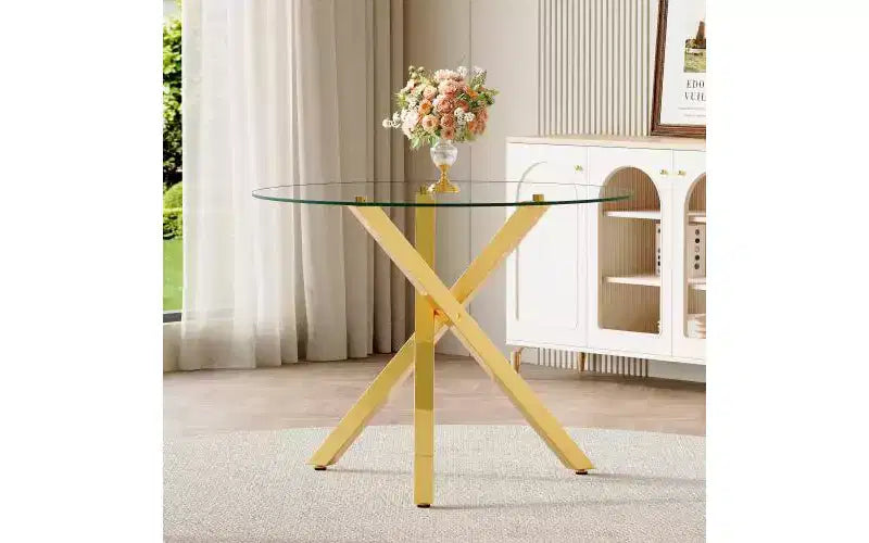 Table de salle à manger en verre trempé TUYOHW avec base en métal en forme de X, table de cuisine ronde de 39 pouces pour 2 à 4 personnes, table compacte et peu encombrante pour la salle à manger et le salon